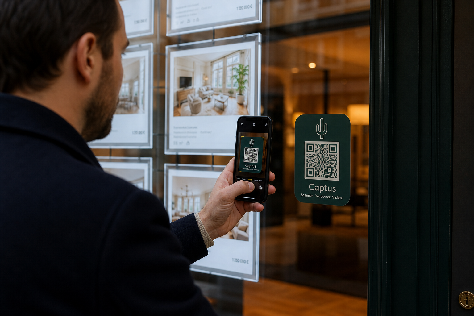 Un client scanne le QR code Captus en vitrine