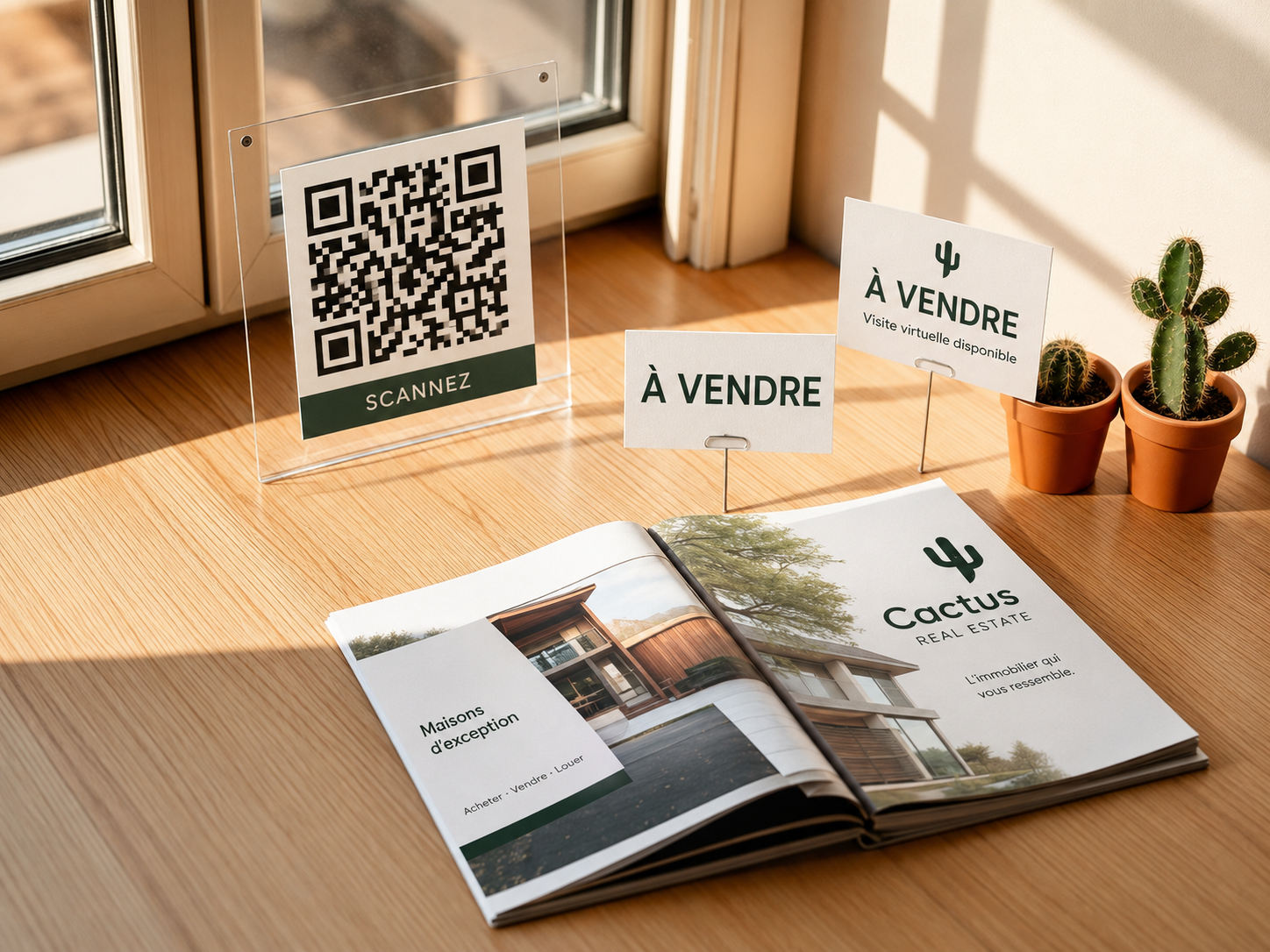 Pack physique Captus : vitrophanie QR, panneau à vendre, carte agent et brochure