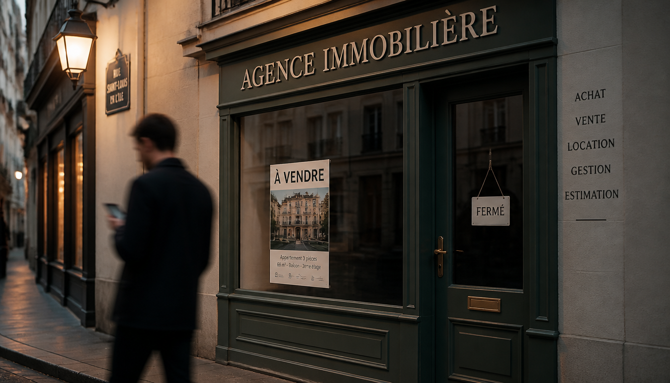Agence immobilière fermée au crépuscule : un passant intéressé passe sans pouvoir entrer