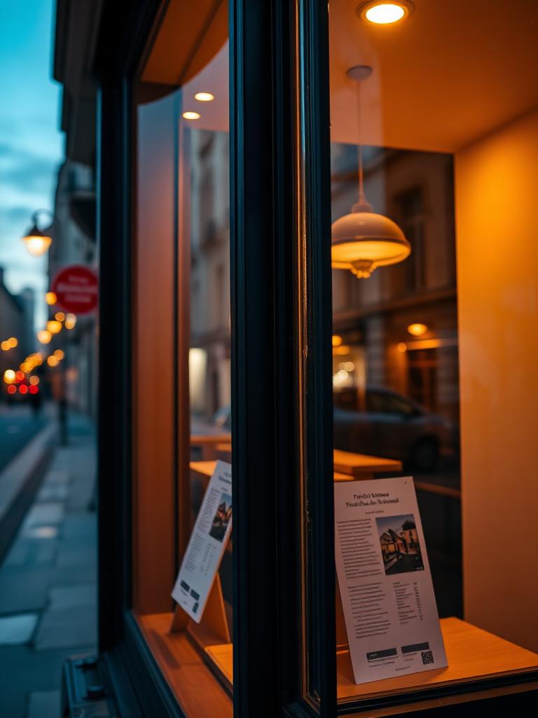 Vitrine d’une agence immobilière parisienne au crépuscule avec un QR code Captus